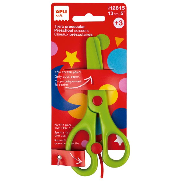Apli Tijera Preescolar Ergonomica - Tamaño 13cm - Muelle para Apertura Facil - Hojas de Plastico - Punta Redondeada - Ideal para Niños de 3+ - Color Verde