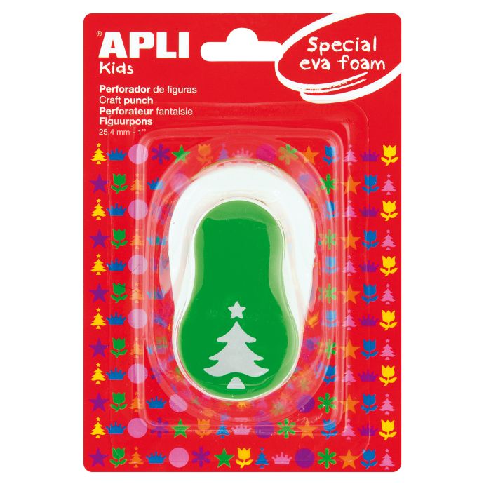 Apli Perforadora Árbol Navidad - Figura 25.4mm - Perfora Papel, Carton, Cartulina y Goma Eva de Hasta 2mm - Deposito de Restos - Doble Uso para Decoracion - Color Verde