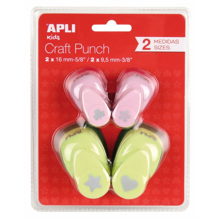 Apli Pack de 4 Perforadoras de Papel con Formas Variadas - Estrella (16mm), Corazon (16mm), Trebol (9.5mm) y Flor (9.5mm) - Alta Calidad para Papel, Carton y Cartulina - Deposito de Papel - Doble Uso para Decoracion