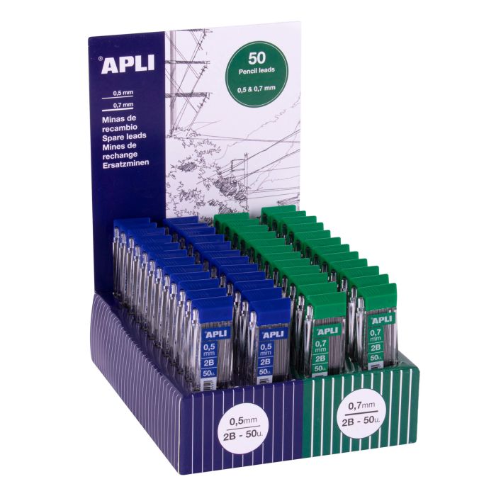 Apli Expositor de 48 Estuches de 50 Minas para Portaminas - Dureza 2B - 24 Estuches de 0,5mm y 24 Estuches de 0,7mm