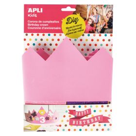 Apli Corona de Goma Eva Rosa con Accesorios - Ajustable a Diferentes Medidas - 10 Numeros Adhesivos - 24 Formas de Goma Eva Adhesiva con Purpurina - Color Rosa
