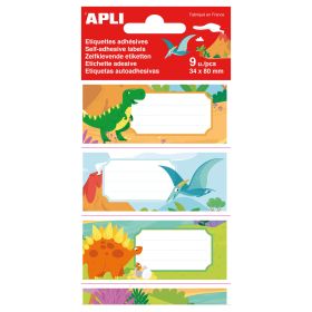 Apli Etiquetas Adhesivas Escolares Dinosaurios - Tamaño 81x36mm - 9 Etiquetas de Adhesivo Permanente de Alta Calidad - Ideal para Marcar e Identificar Libros, Cuadernos, Carpetas, Catalogos, Carpesanos, Agendas - Color Blanco