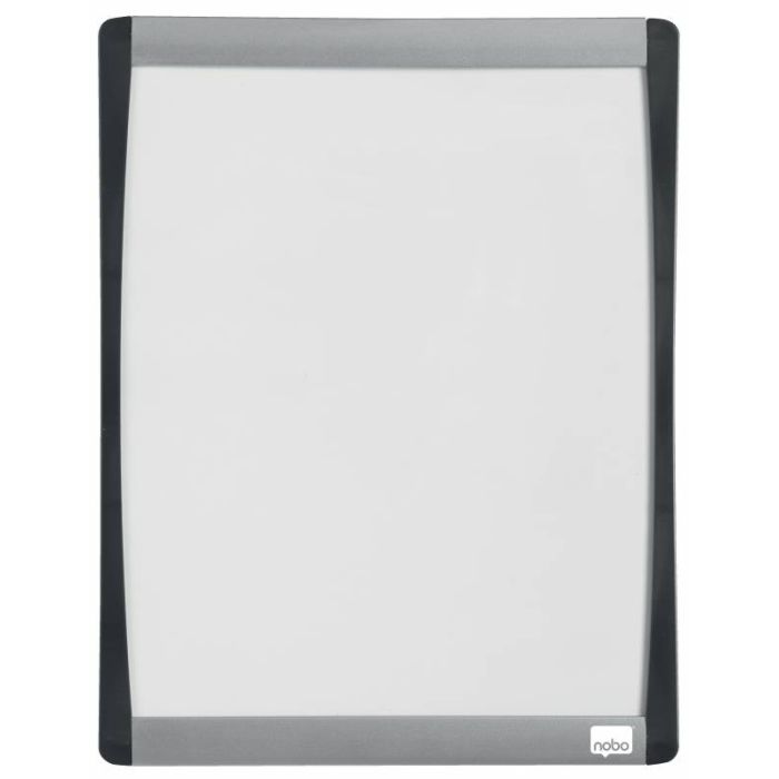 Nobo Mini Pizarra Magnetica con Marco Arqueado 215x280 - Elegante Diseño Plateado y Negro - Almohadillas Adhesivas e Imanes Incluidos - Blanco
