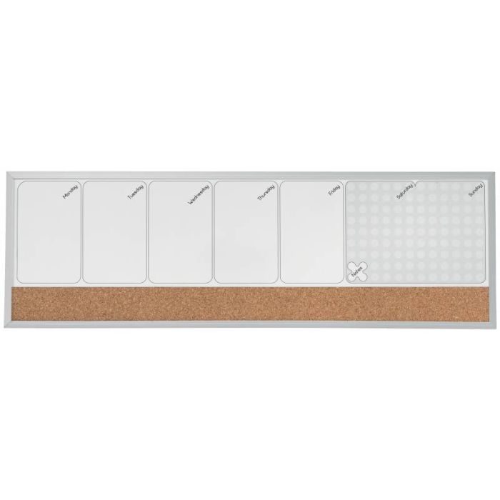 Nobo Planificador Semanal de Pizarra Magnetica Pequeña 585x190mm - Tira de Corcho - Almohadillas Adhesivas e Imanes - Gris