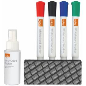 Nobo Kit Basico Accesorios Pizarra Blanca Borrado Seco - 4 Rotuladores Pizarra - Borrador Pizarra - Spray Limpiador 50Ml - Negro, Azul, Rojo, Verde - Color Blanco