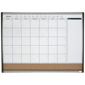 Nobo PlaNIFicador Pizarra Magnetica Pequeña con Tablero de Anuncios de Corcho 585x430mm - Semanal y Mensual - Marco Plateado y Negro - Blanco