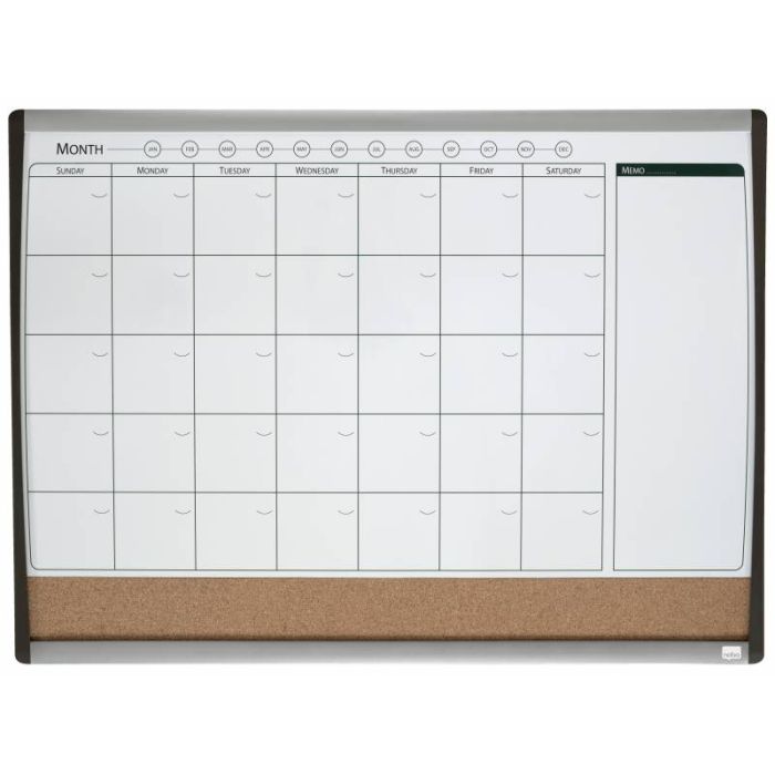 Nobo PlaNIFicador Pizarra Magnetica Pequeña con Tablero de Anuncios de Corcho 585x430mm - Semanal y Mensual - Marco Plateado y Negro - Blanco