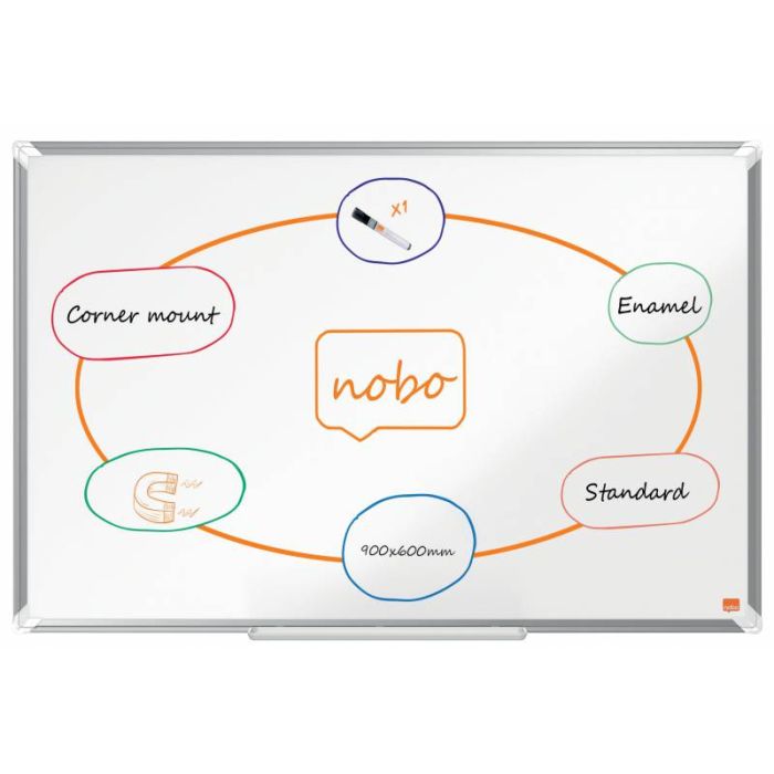 Nobo Premium Plus Pizarra Magnetica de Acero Vitrificado 900x600mm - Montaje en Esquinas - Superficie de Borrado Superior - Color Blanco