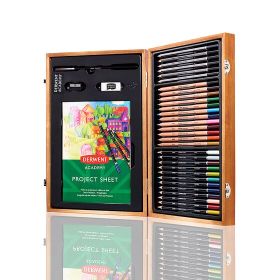 Derwent Academy Caja de Madera con 12 Lapices de Colores, 12 Lapices de Colores Acuarelables, 6 Lapices de Grafito para Bocetos, 1 Pincel, 1 Sacapuntas, 1 Goma de Borrar, 1 Hoja de Proyectos y 3 proyectos para Completar
