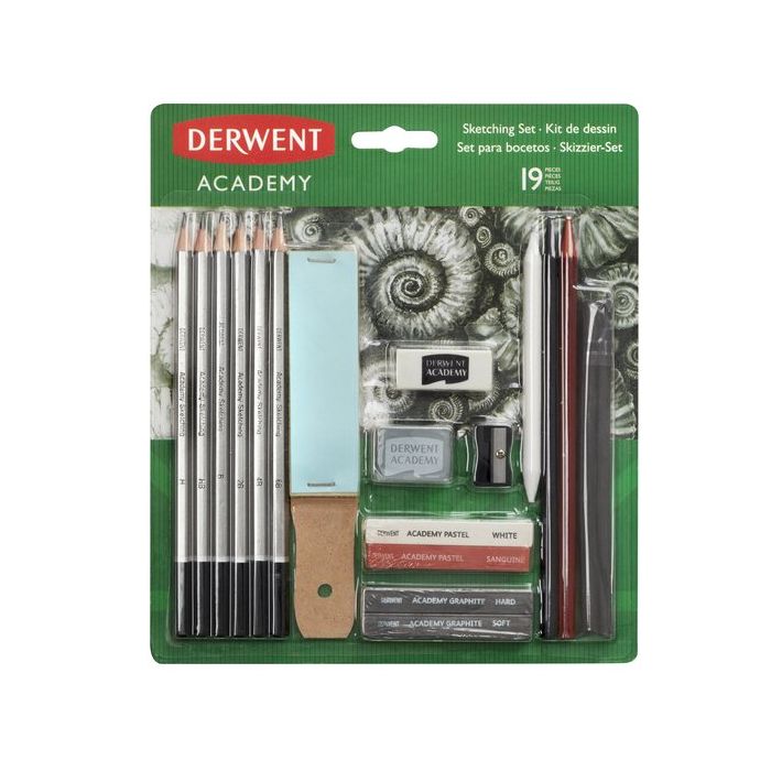 Derwent Academy Sketching Pack de 6 Lapices de Grafito de Durezas Surtidas, 2 Bloques de Grafito, 2 Barras de Dibujo sin Madera, 2 Pasteles (White/Sanguine), 2 Barras de Carbon, 1 Lija, 1 Difumino, 1 Sacapuntas, 1 Goma de borrar y 1 Goma Moldeable