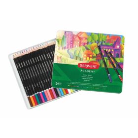 Derwent Academy Lata de 24 Lapices de Colores de Gran Calidad - Transferencia de Color Perfecta - Cuerpos de Madera Natural - Colores Surtidos