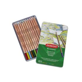 Derwent Academy Lata de 12 Lapices Acuarelables - Flexibilidad de la Acuarela - Cuerpos de Madera Natural - Faciles de Usar - Pigmentos de Calidad - Mezclables y Disolubles - Colores Surtidos