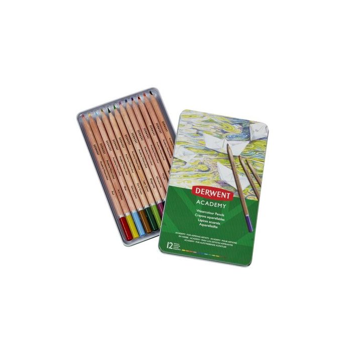Derwent Academy Lata de 12 Lapices Acuarelables - Flexibilidad de la Acuarela - Cuerpos de Madera Natural - Faciles de Usar - Pigmentos de Calidad - Mezclables y Disolubles - Colores Surtidos