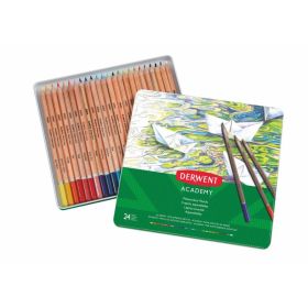 Derwent Academy Lata de 24 Lapices Acuarelables - Flexibilidad de la Acuarela - Cuerpos de Madera Natural - Faciles de Usar - Pigmentos de Calidad - Mezclables y Disolubles - Colores Surtidos