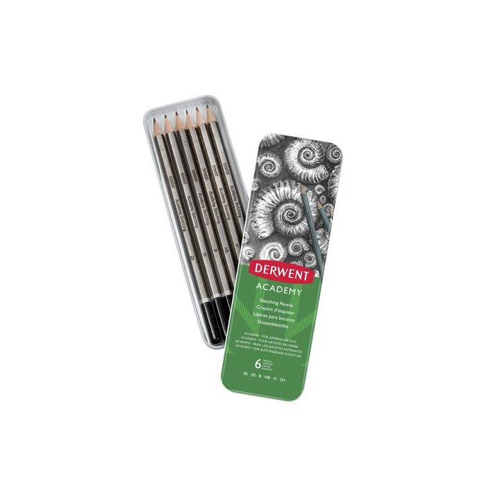 Derwent Academy Sketching Lata de 6 Lapices de Grafito Hexagonales de Durezas Surtidas - Especial para Bocetos - Cuerpos de Madera Natural - Faciles de Afilar - Resistentes a la Rotura