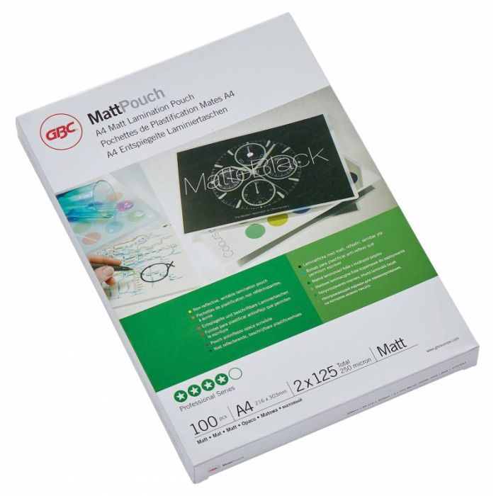 GBC Carteras Plastificacion Mate - A4, 2x125 Micras - Resistente Al Agua - Acabado Mate - Tamaño 216x303mm - Superficie Escribible - Duracion Prolongada - Adaptabilidad Al Papel - Color Transparente