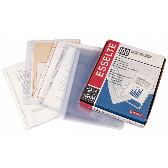 Esselte Funda Porta Documentos A4 PP - Cristal Liso Calidad Estandar - Multitaladro-11 - Caja 100 - Transparente