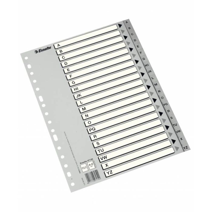 Esselte Abecedarios de Plastico con Caratula Indice A4 - PP - Tipo A-Z - Cartulina Indice: Carton Blanco y Negro Gris - Color Gris