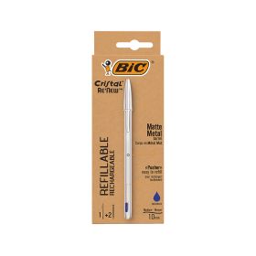 Bic Cristal Re´new Boligrafo de Bola con Cuerpo Metalico + 2 Recambios - Punta Media de 1.0mm - Tinta con Base de Aceite - Color Azul