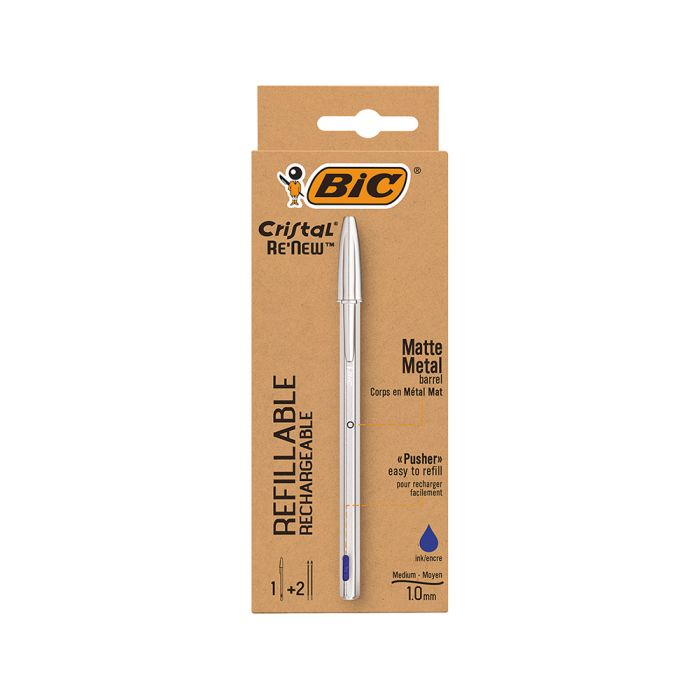 Bic Cristal Re´new Boligrafo de Bola con Cuerpo Metalico + 2 Recambios - Punta Media de 1.0mm - Tinta con Base de Aceite - Color Azul
