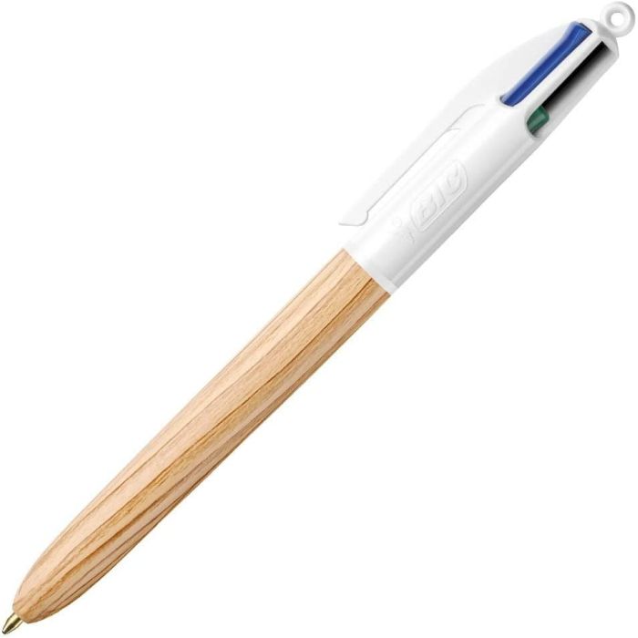 Bic 4 Colours Wood Style Boligrafo de Bola Retractil - Punta Media de 1.0mm - Tinta con Base de Aceite - Diseño Madera - 4 Colores