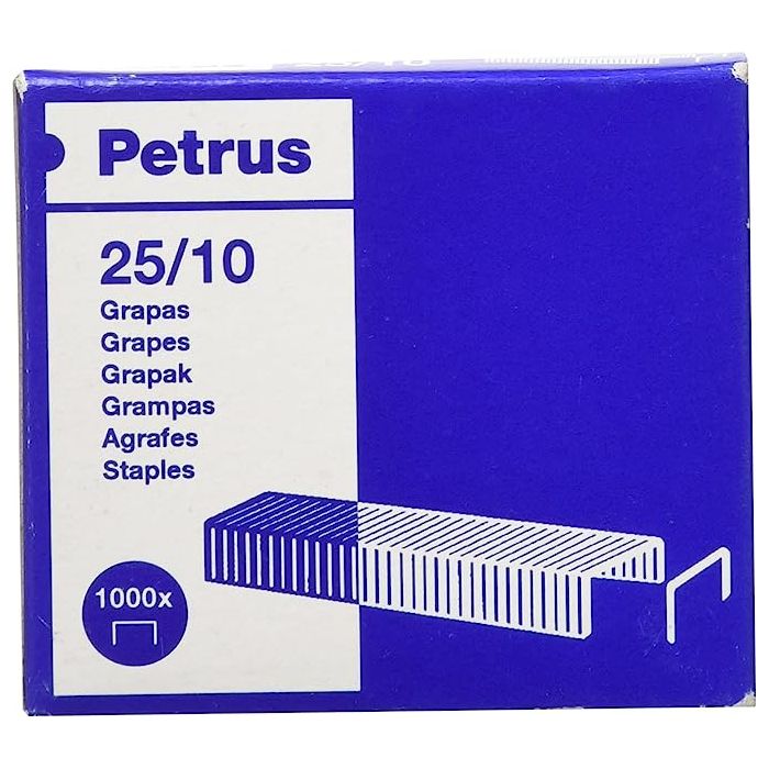 Petrus Caja de 1000 Grapas 25/10 Galvanizadas - Hasta 60 Hojas - Patilla de 10mm