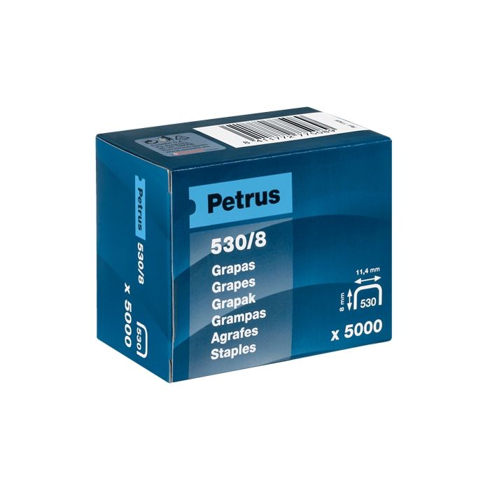 Petrus Caja de 5000 Grapas 530/8 Cobreadas para Clavadora - Patilla de 8mm