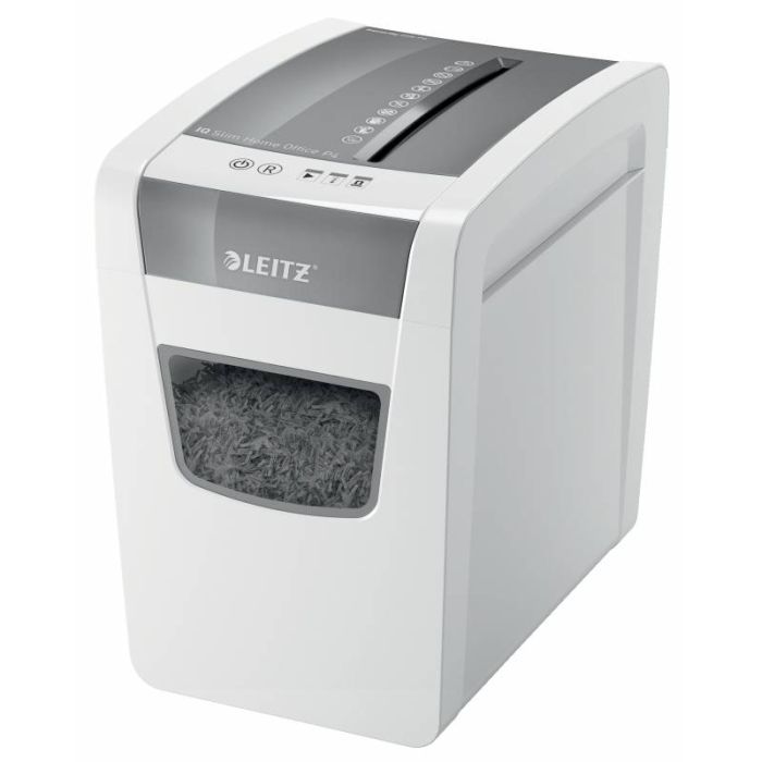 Leitz IQ Destructora de Papel Slim Home Office P4 - Silenciosa y Estilizada - 10 Hojas - Papelera 23L - Corte Confeti - Nivel de Seguridad Din P4 - Blanco