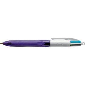Bic 4 Colours Grip Fashion Boligrafo de Bola Retractil con Grip - Punta Media de 1mm - Trazo de 0.4mm - Tinta con Base de Aceite - Cuerpo Blanco/Morado Transparente - 4 Colores