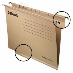 Esselte Classic Folio Carpeta Colgante Reforzada - Caja de 50 - 10 Veces Mas Resistente - Visores de Plastico Transparente - Etiquetas Blancas - 100% Carton Kraft Reciclado - Natural