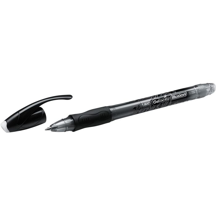 Bic Gel-ocity Illusion Boligrafo de Tinta Gel Borrable - Punta Media de 0.7mm - Recargable - Grip de Goma - Clip de Plastico - Color Negro