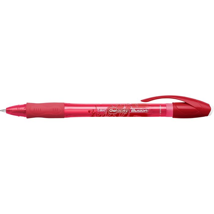 Bic Gel-ocity Illusion Boligrafo de Tinta Gel Borrable - Punta Media de 0.7mm - Recargable - Grip de Goma - Clip de Plastico - Color Rojo