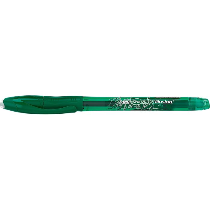 Bic Gel-ocity Illusion Boligrafo de Tinta Gel Borrable - Punta Media de 0.7mm - Recargable - Grip de Goma - Clip de Plastico - Color Verde