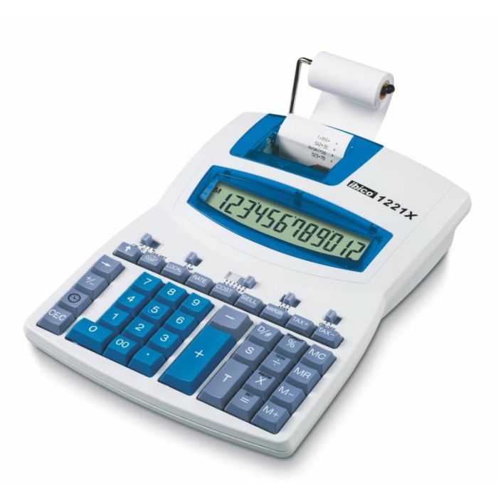 Ibico Calculadora Semi-Profesional 1221xNumeros Inteligentes - Inclinado, 12 Digitos Display Lcd - Impresion a 2 Colores - Velocidad de Impresion 24 Lineas por Segundo - Teclado Profesional - Blanco/Azul