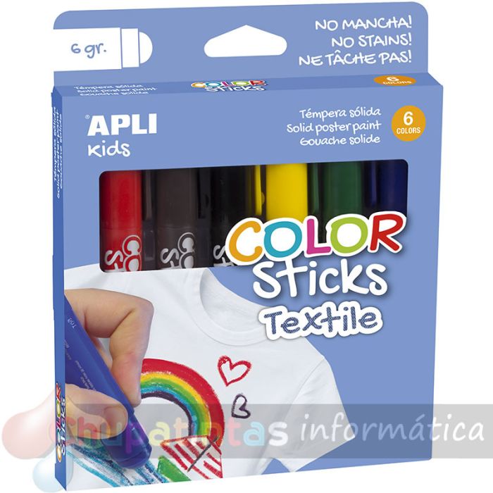 Apli Color Sticks Textil - Pack 6 Unidades de 6g - Colores Surtidos Resistentes Al Lavado-1