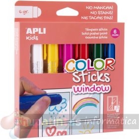 Apli Kids Color Sticks Window - Pack 6 Temperas Solidas 6gr - Especiales para cristales - Colores Surtidos-1