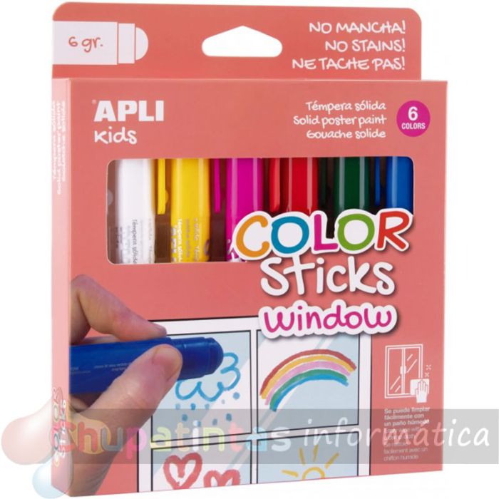 Apli Kids Color Sticks Window - Pack 6 Temperas Solidas 6gr - Especiales para cristales - Colores Surtidos-1