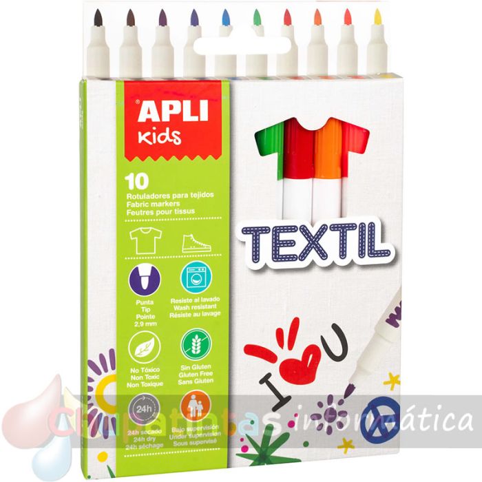 Apli Kids Rotuladores Textil - Pack 10 Unidades - 2.9mm -Colores Surtidos Resistentes Al Lavado-1