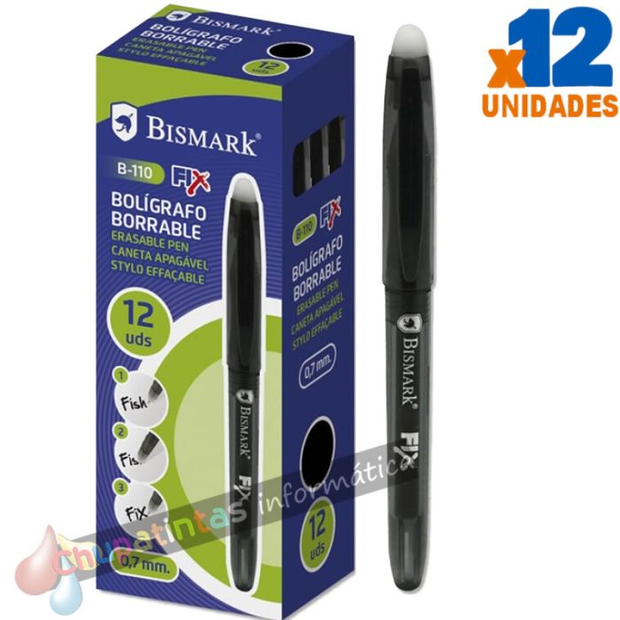 Bismark Fix Bolígrafo Borrable - Punta Fina 0.7mm - Con Capuchón - Color Negro