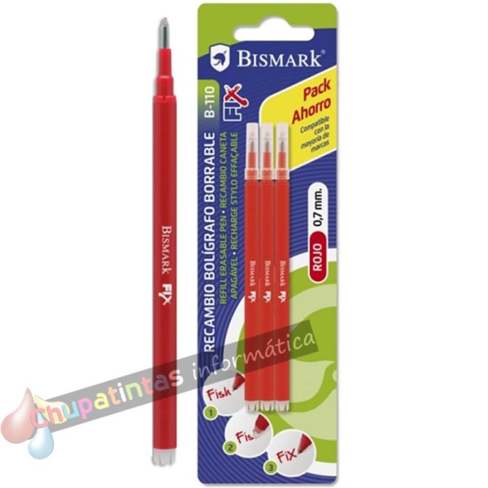Bismark Fix Pack de 3 Recambios para Bolígrafo Borrable - Punta Fina 0.7mm - Color Rojo
