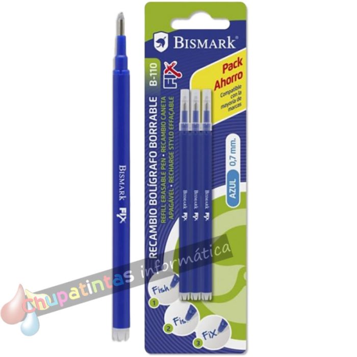 Bismark Fix Pack de 3 Recambios para Bolígrafo Borrable - Punta Fina 0.7mm - Color Azul