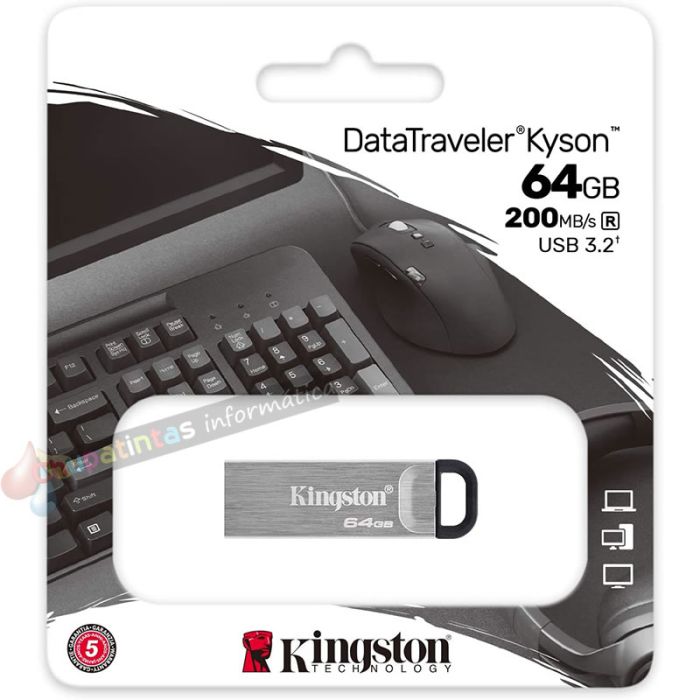 Kingston DataTraveler Kyson Memoria USB 64GB - 3.2 Gen 1 - 200 MB/s en Lectura - Diseño Metálico - Color Plata (Pendrive)-3
