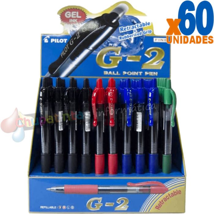 Pilot G2 Rollerball Expositor de 60 Bolígrafos de Gel - Punta 0.7mm - Recargable - Grip Ergonómico - Colores Surtidos
