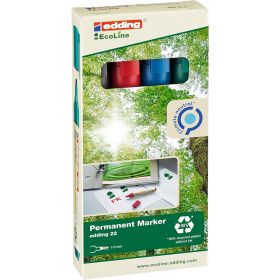 Edding 22 EcoLine Pack de 4 Rotuladores Permanentes - Punta Biselada - Trazo entre 1 y 5mm - 90% de Plastico Reciclado - Colores Surtidos