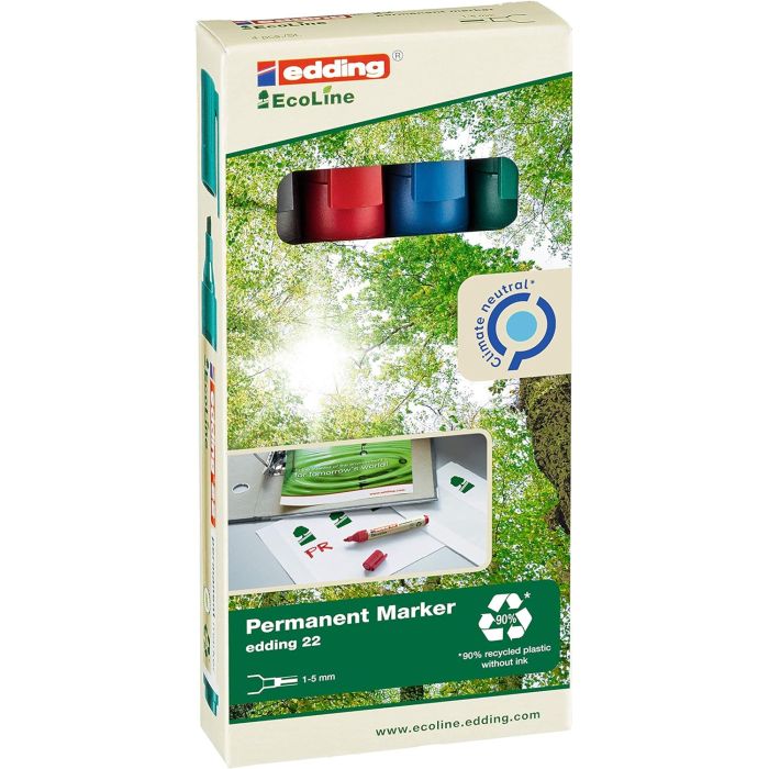 Edding 22 EcoLine Pack de 4 Rotuladores Permanentes - Punta Biselada - Trazo entre 1 y 5mm - 90% de Plastico Reciclado - Colores Surtidos