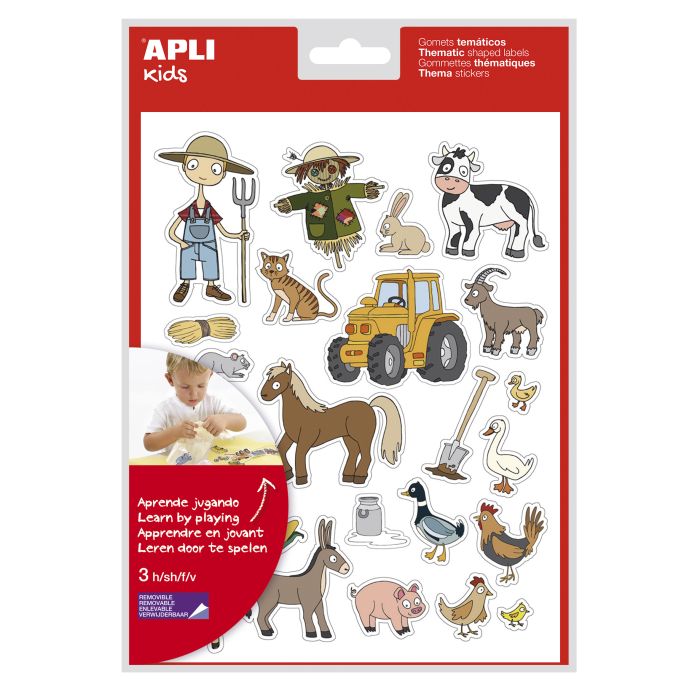 Apli Gomets Tematicos la Granja - 69 Gomets en 3 Hojas - Ilustraciones Educativas de Animales y Objetos de la Granja - Adhesivo Removible - Adhesivo Base Agua - Libre de Disolventes - Colorido