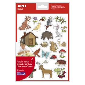 Apli Bolsa de Gomets Tematicos el Bosque - 69 Gomets en 3 Hojas - Ilustraciones Educativas de Animales y Objetos del Bosque - Adhesivo Removible - Adhesivo Base Agua - Libre de Disolventes - Colorido