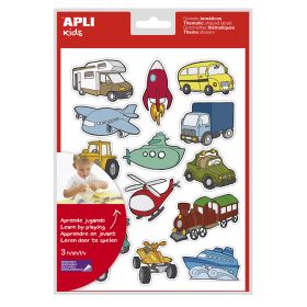Apli Bolsa de Gomets Tematicos Transportes - 45 Gomets en 3 Hojas - Ilustraciones Divertidas para Enriquecer Vocabulario y Habilidades Motoras - Adhesivo Removible - Adhesivo Base Agua - Libre de Disolventes - Colorido