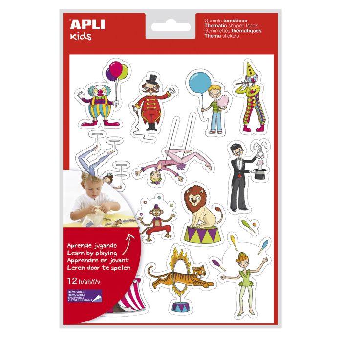 Apli Bolsa de Gomets Tematicos el Circo - 168 Gomets en 12 Hojas - Adhesivo Removible - Ideal para Escuelas - Adhesivo Base Agua - Libre de Disolventes - Divertidas Ilustraciones - Colorido Circo