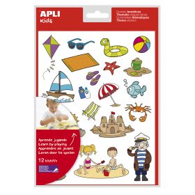 Apli Gomets Tematicos la Playa - 264 Gomets en 12 Hojas - Ilustraciones de Animales y Objetos de la Playa - Adhesivo Removible - Ideal para Escuelas - Adhesivo Base Agua - Libre de Disolventes - Colorido